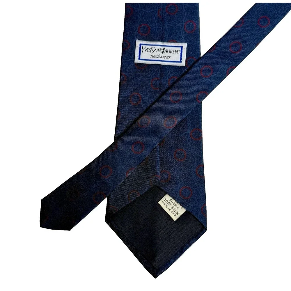 YVES SAINT LAURENT Men's Silk Tie -Dark Blue w/Red Circles Geometric 54.5